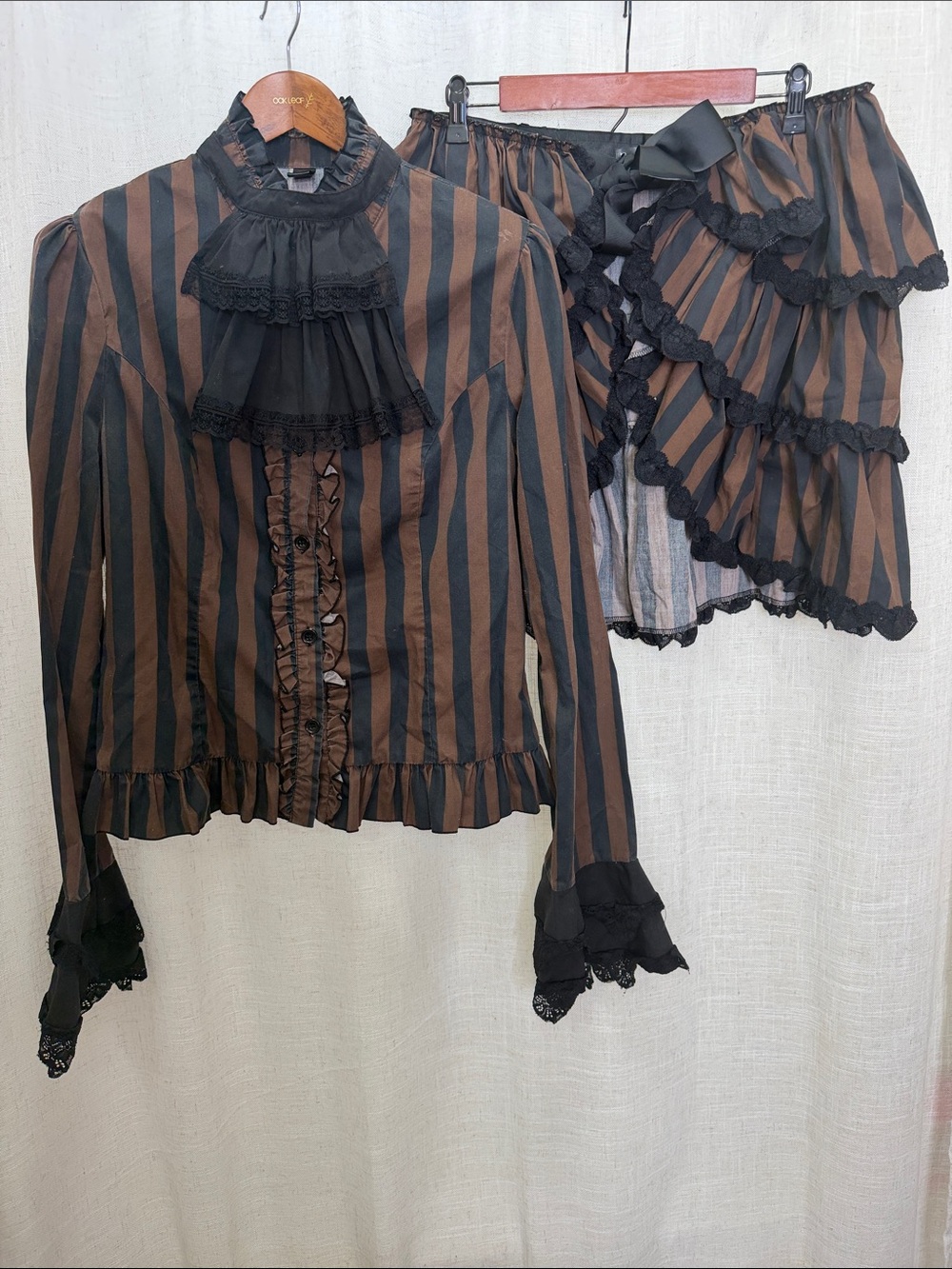 DraculaClothing Victorian Black and Brown Striped Ruffle Blouse & Skirt Overlay